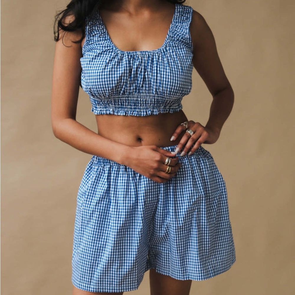 TOIT VOLANT blue gingham crop top and boxer shorts set.